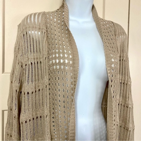 Tan Open-Style Crochet Cardigan Sz Large Open Knit Lightweight Layering - Picture 4 of 10